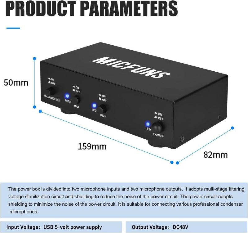 micfuns MC2 2 Channel 48V Phantom Power Supply with 3.5mm Audio Cable to Connect Audio Interface for Condenser Microphone Music Recording Equipment (2 Channel) - Image 2
